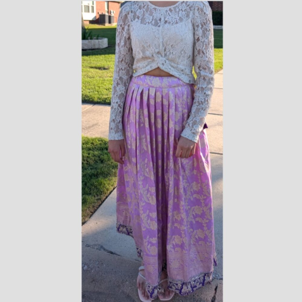 Gorgeous Lace Cream Long Sleeve Top with Lavender Indian Style Pleated Skirt
